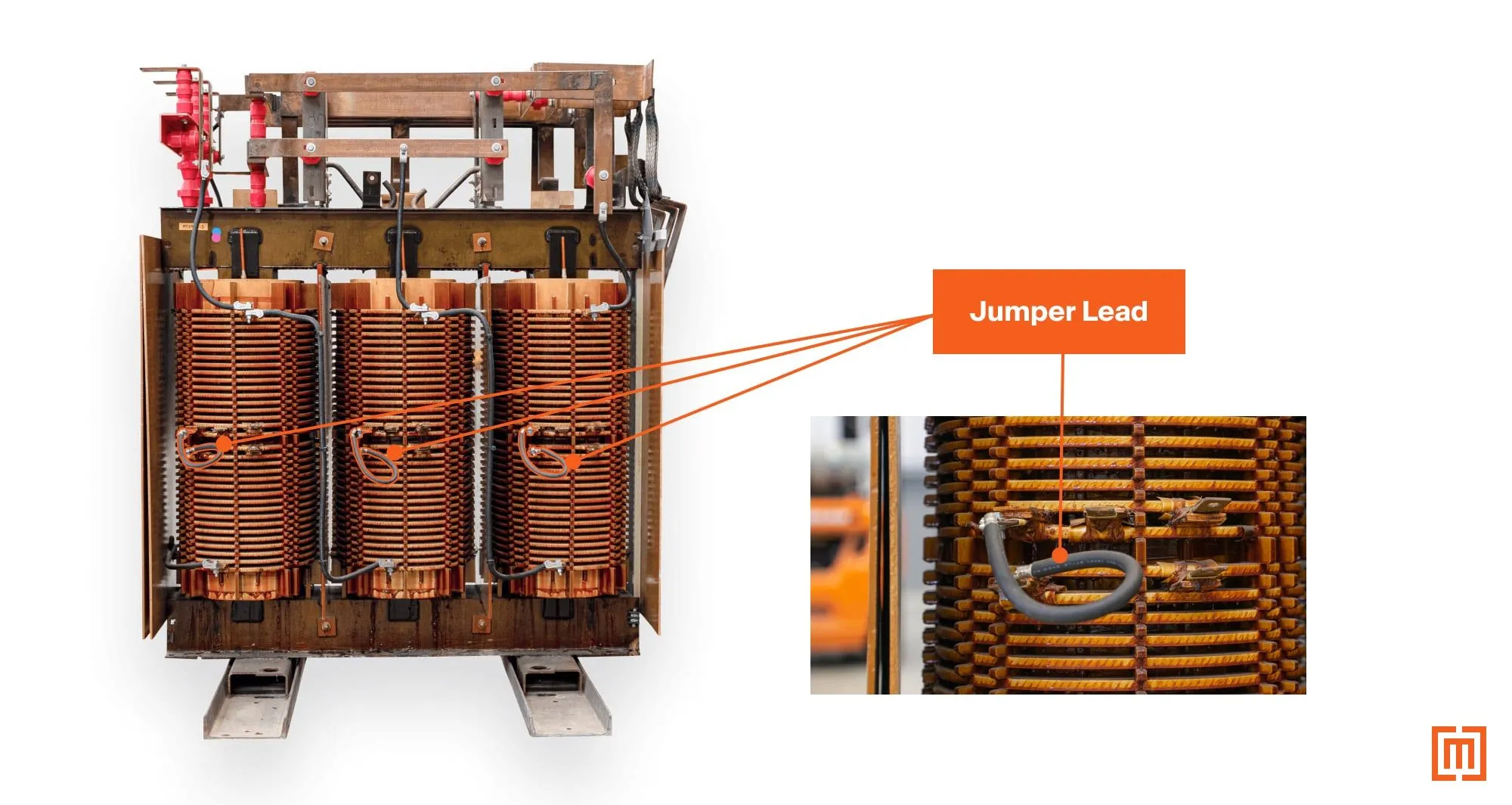 Voltage taps with jumper lead on a dry type transformer coil