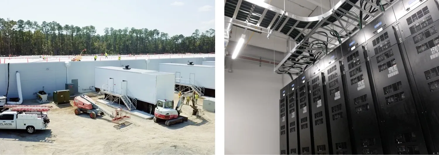 A construction site working around three data halls at DC's BLOX's Myrtle Beach location and stacks of computers lined against a wall inside of a data hall