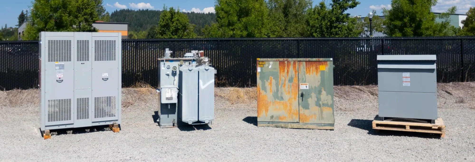 Surplus transformers, that Maddox buys, in the Maddox Battle Ground, WA yard