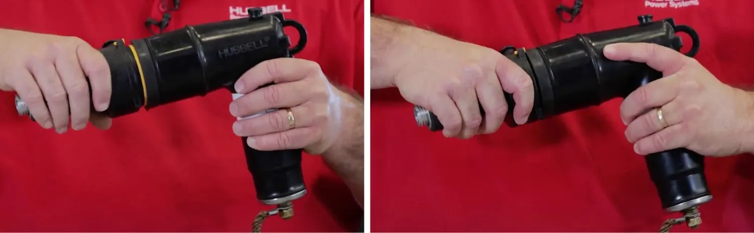 Technician shows how to properly insert elbow on to a bushing