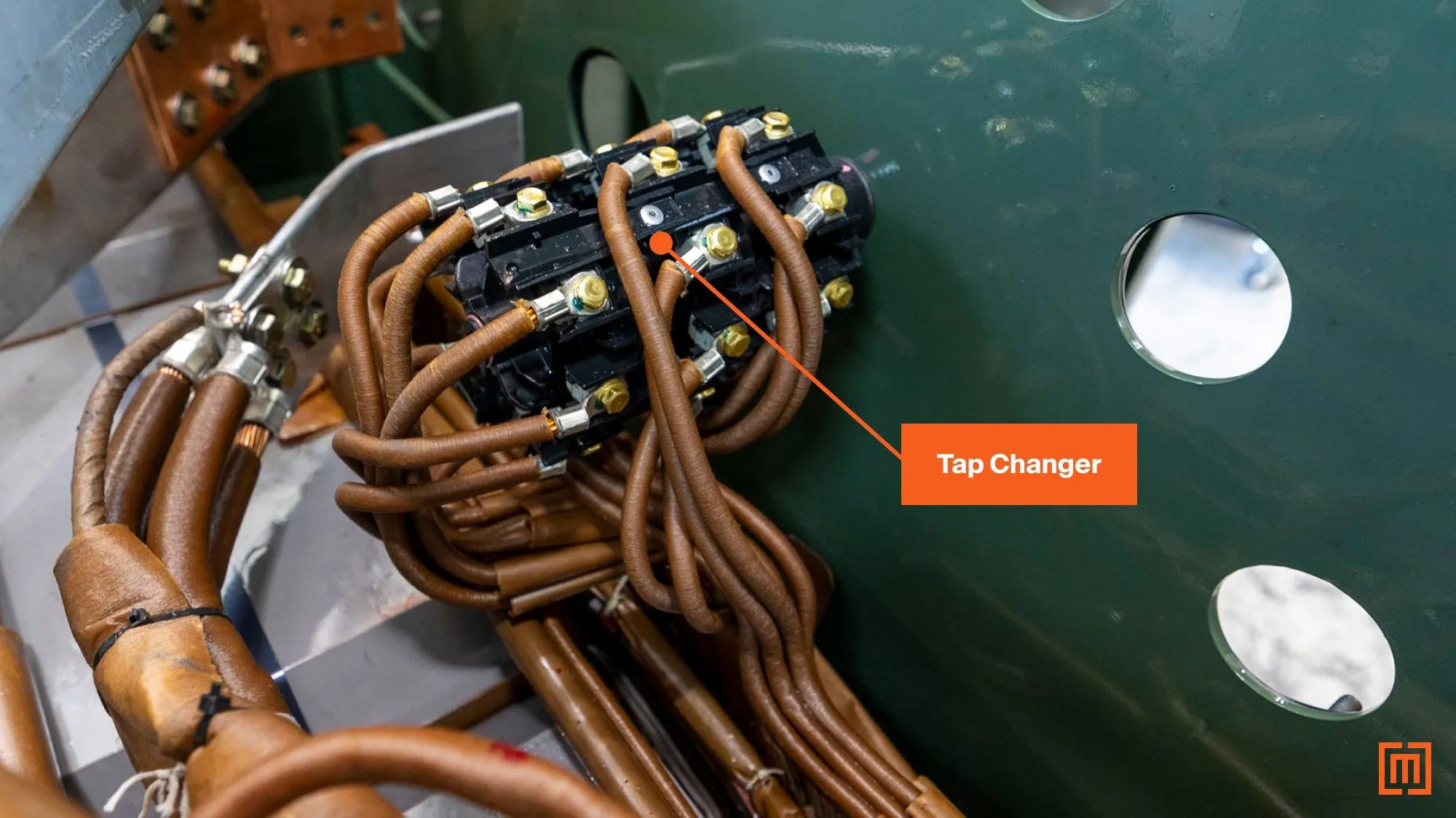 Tap changer connected with leads to the coil