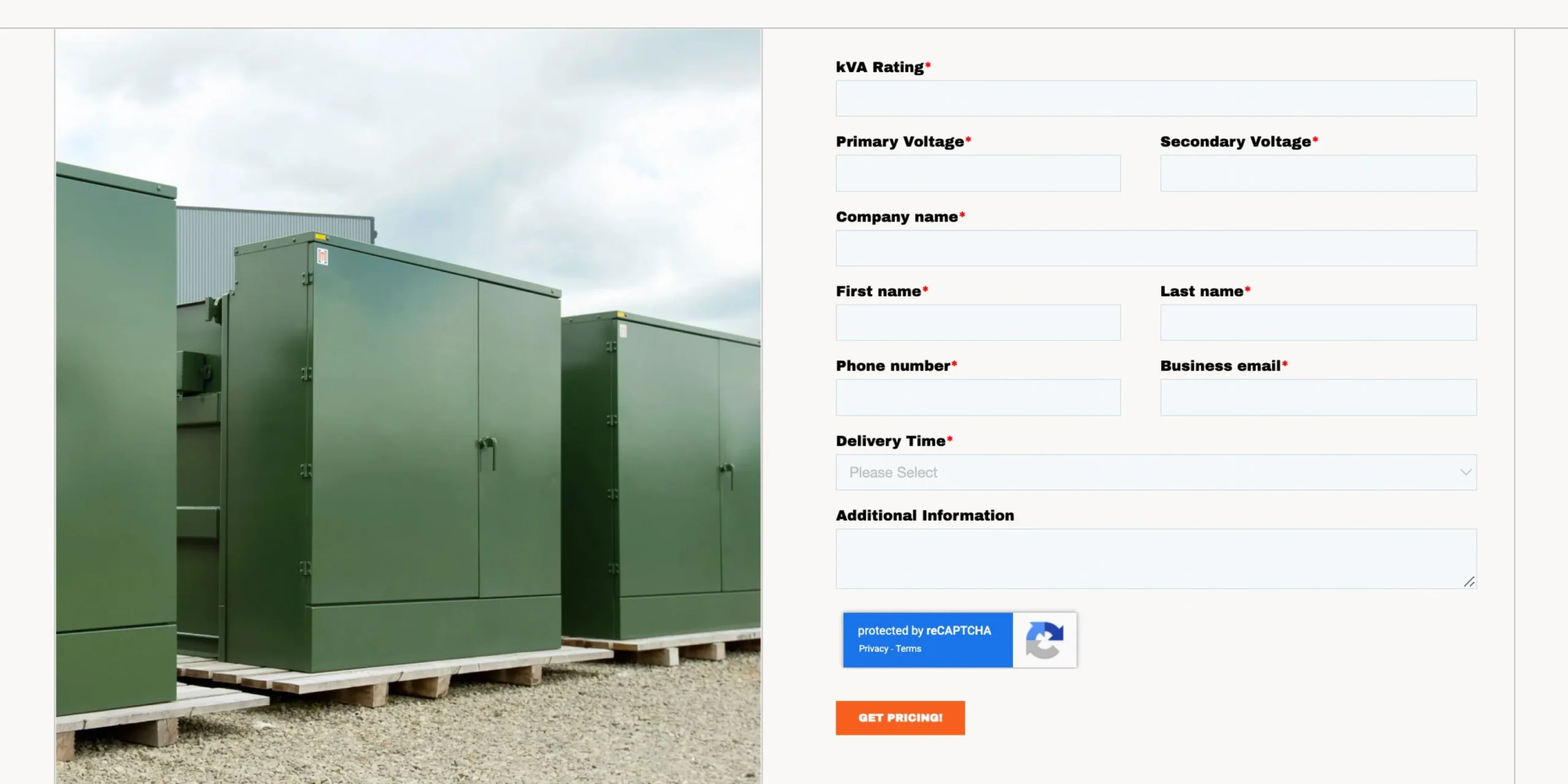 Screenshot of form to build custom quote on Maddox Transformer website