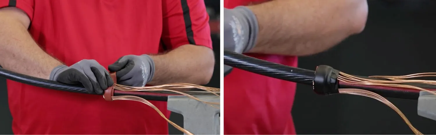 Technician covers the bent concentric wires in a layer of mastic tape and a layer of electrical tape