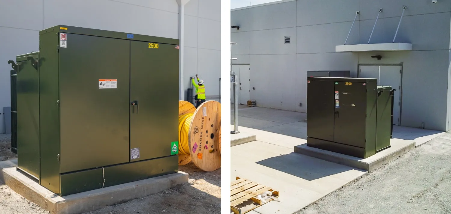 Two Maddox 2500 kVA 13200 D - 480 Y 277 padmount transformers serving DC BLOX and their data storage center