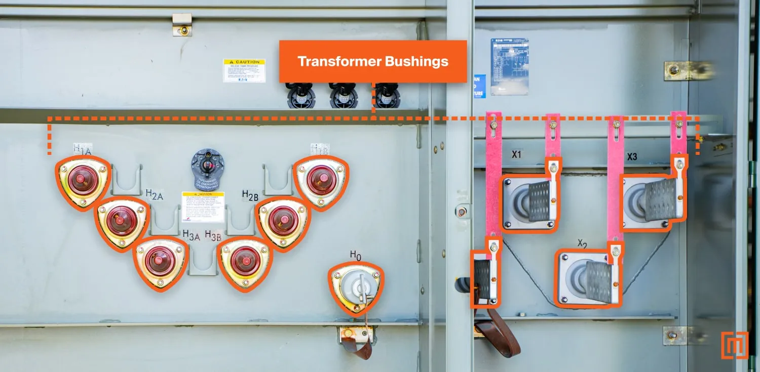 Transformer bushings highlighted on a padmount transformer