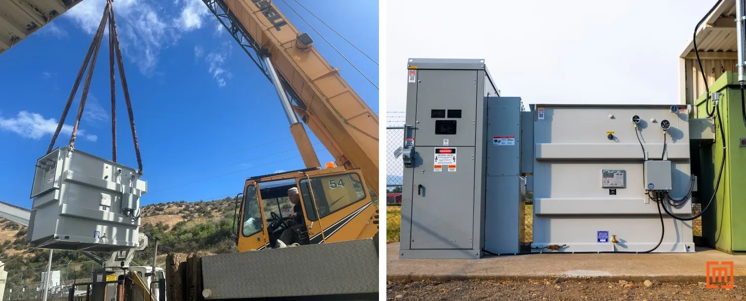 Repaired substation lowered by crane and installed
