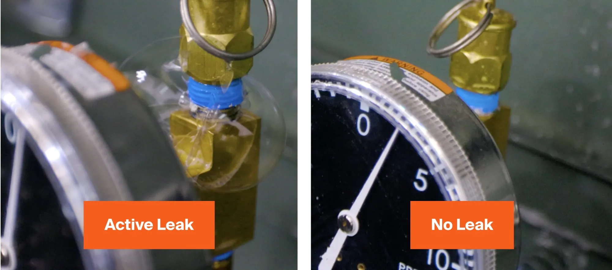 An active leak from a transformer pressure gauge versus no leak in a pressure gauge.