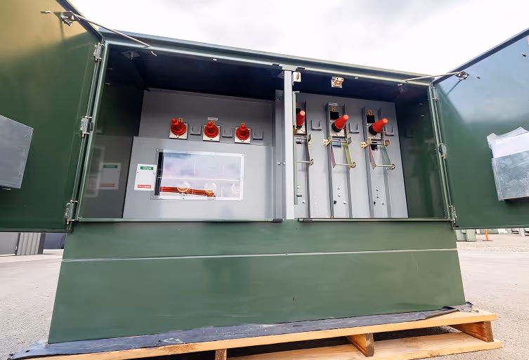 Maddox pad-mounted switchgear with both doors open