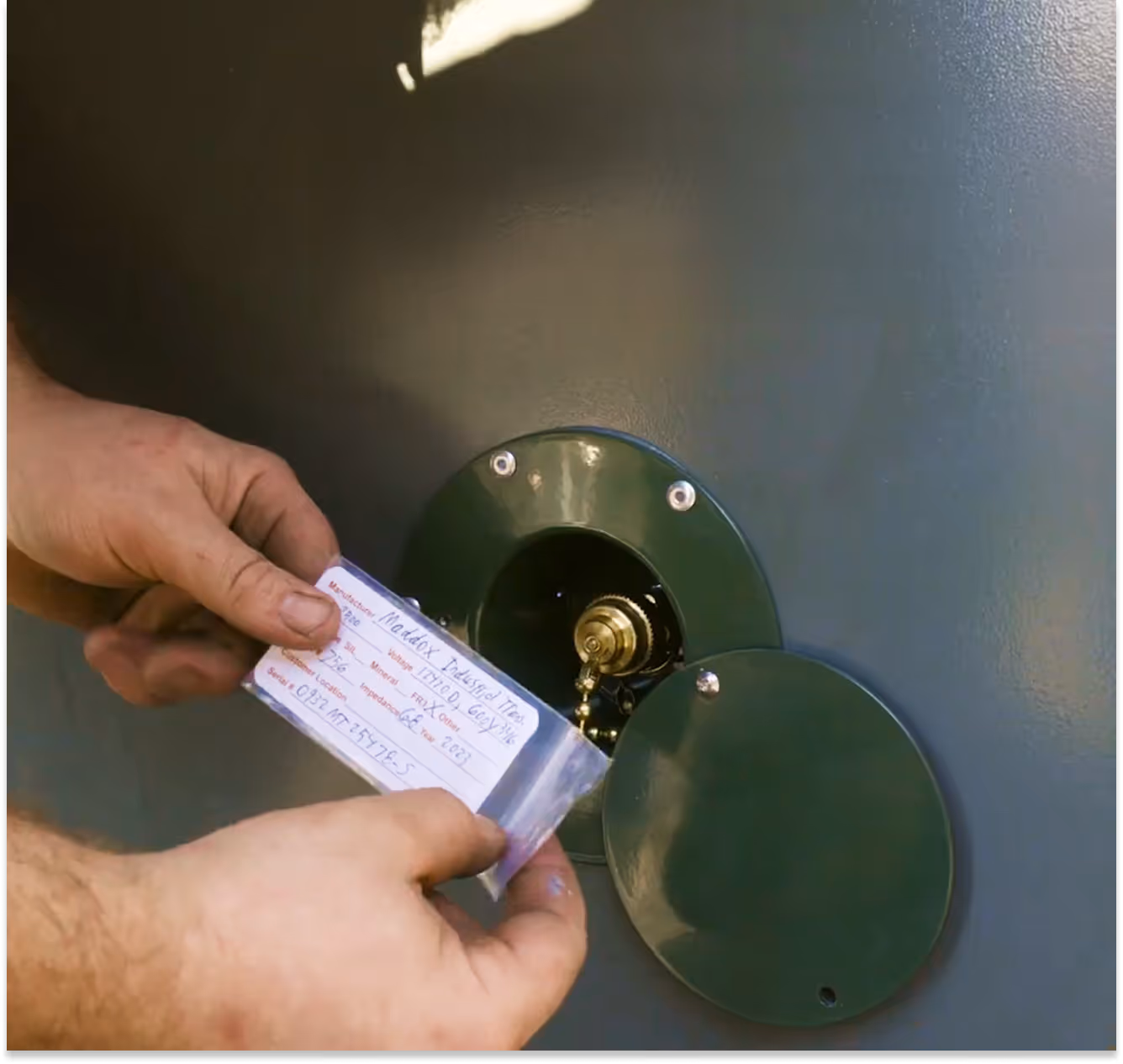 Hands holding a plastic card near a green metal cover with a brass valve inside.