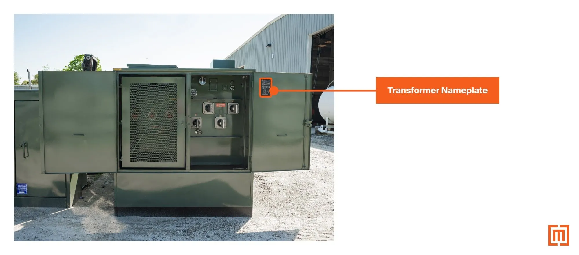 A graphic showing your the nameplate is on a padmount transformer