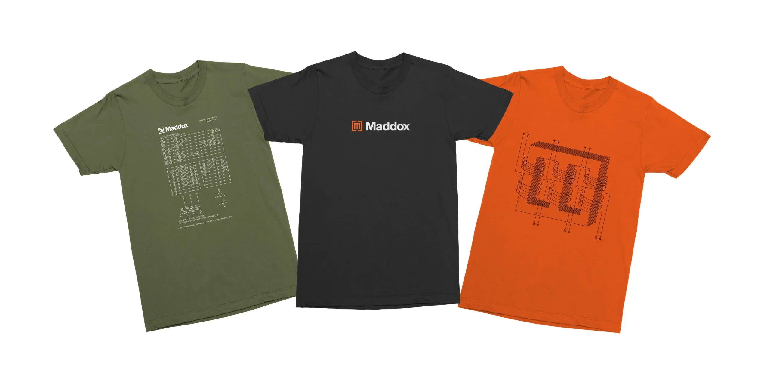 Three Maddox t-shirt designs. Olive green with spec sheet, black with Maddox logo, orange with winding