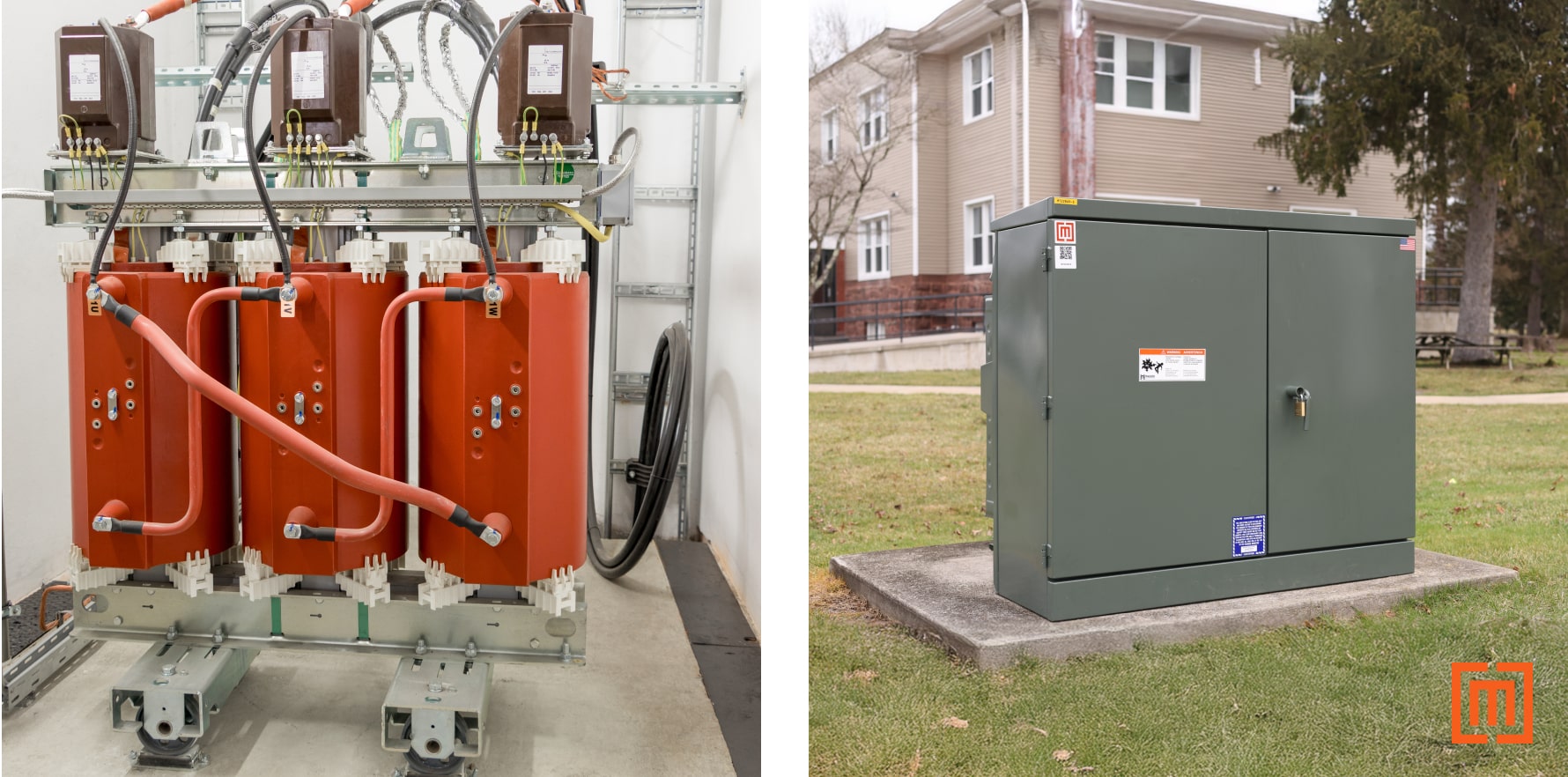this is a picture showing both a dry type cast coil transformer and a liquid filled padmount transformer