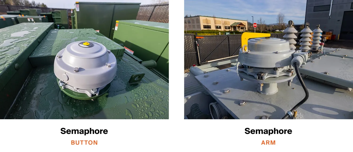 A PRD on a padmount with a button semaphore on the left and a PRD on a substations with an arm semaphore on the right