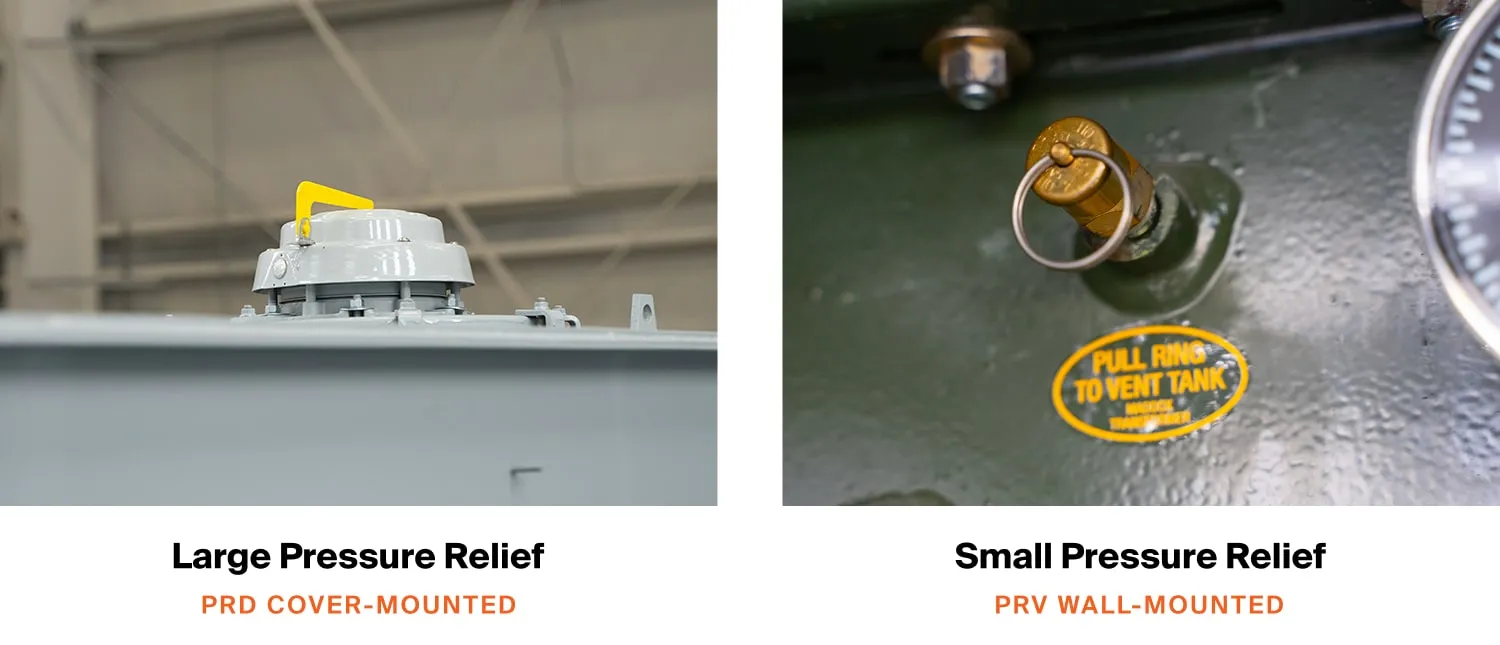 A large pressure relief device on a substation on the left and a small pressure relief valve (PRV) on the right