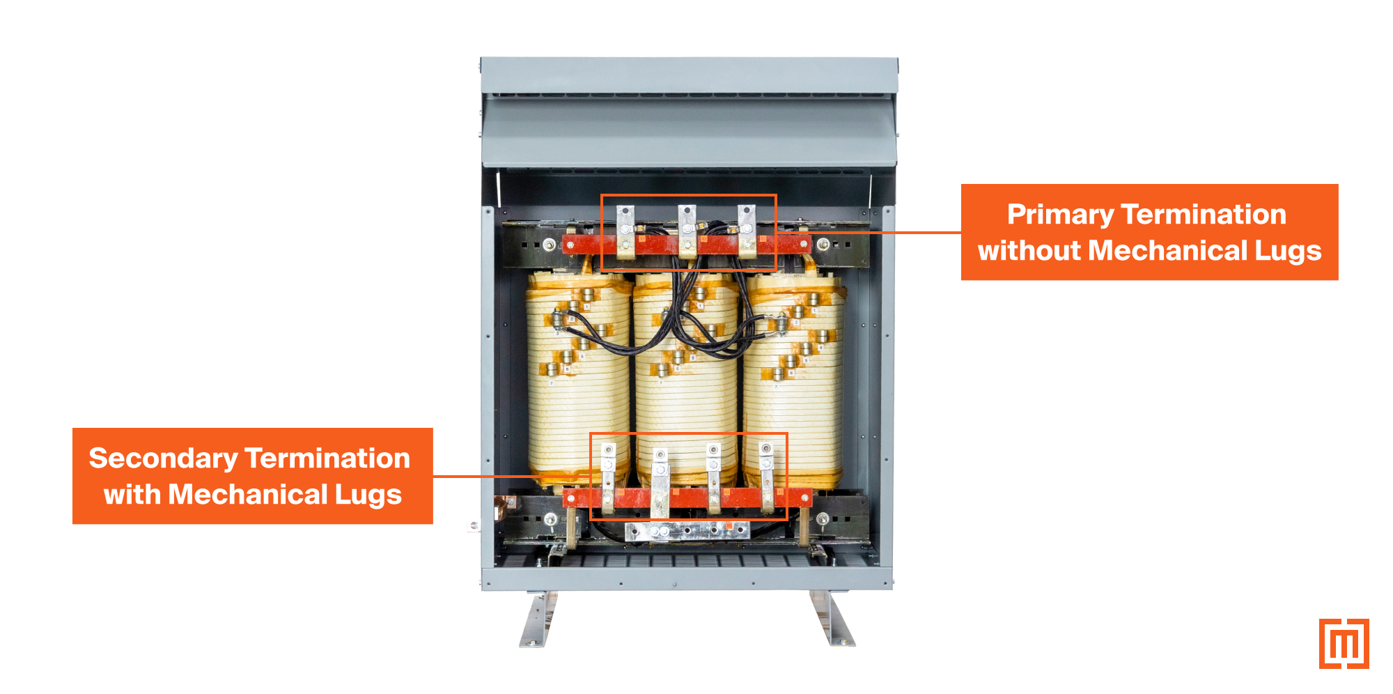 graphic of transformer terminations with and without mechanical lugs