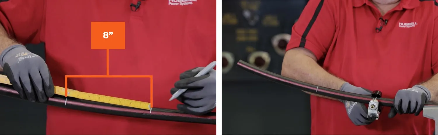 Technician measures eight inches from the original mark on the cable score the cable