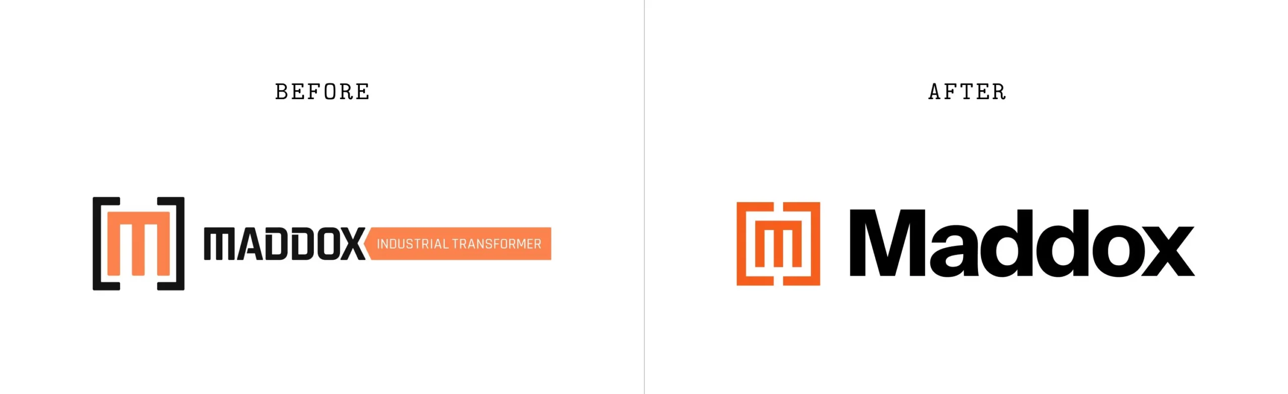 Before and after comparison of old and new Maddox Industrial Transformer logos