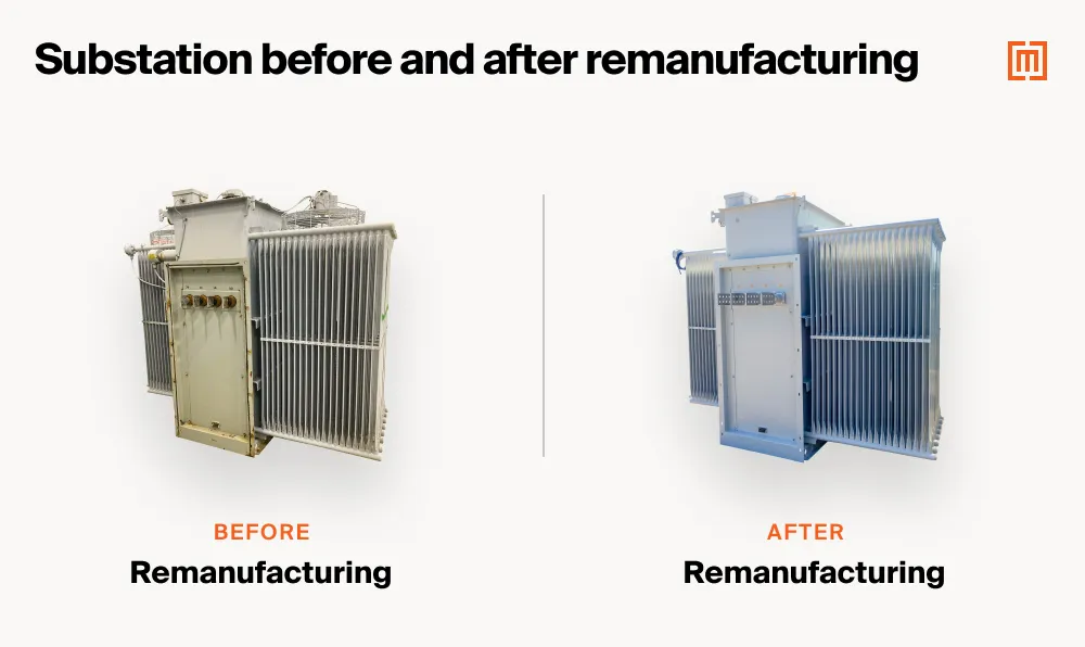 Images of a substation transformer before and after Maddox remanufactured it