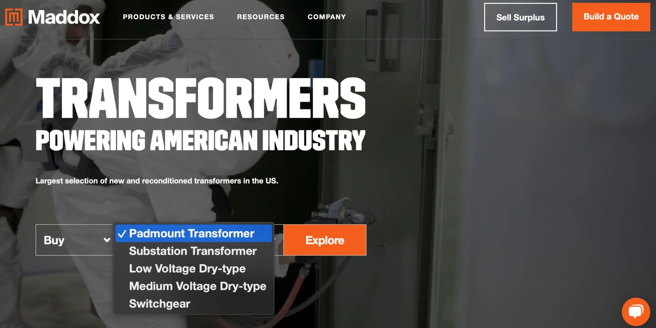 Screenshot of Maddox Transformer homepage showing drop down list of product pages