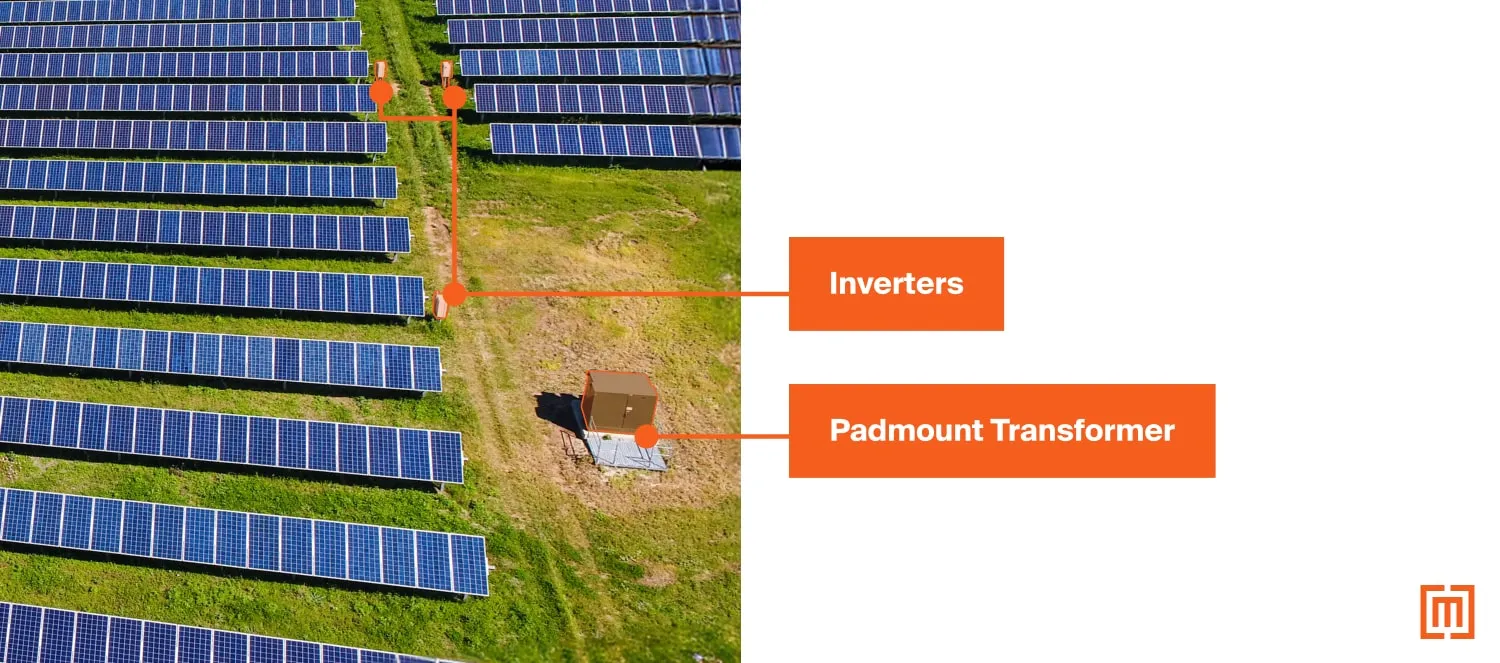 Inverters and a green padmount transformer powering a solar array