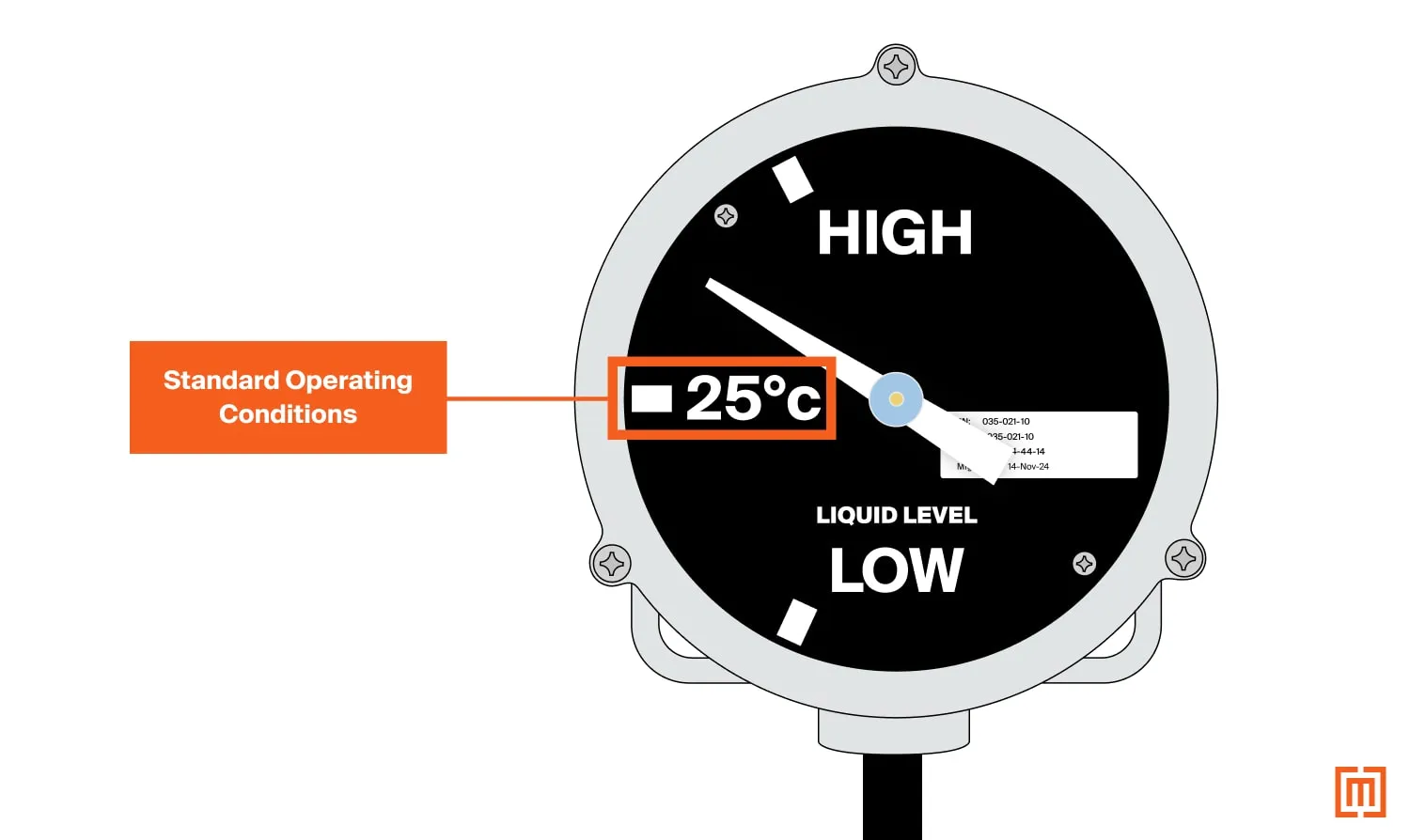 Description highlighting the standard operating temperature for a liquid level gauge