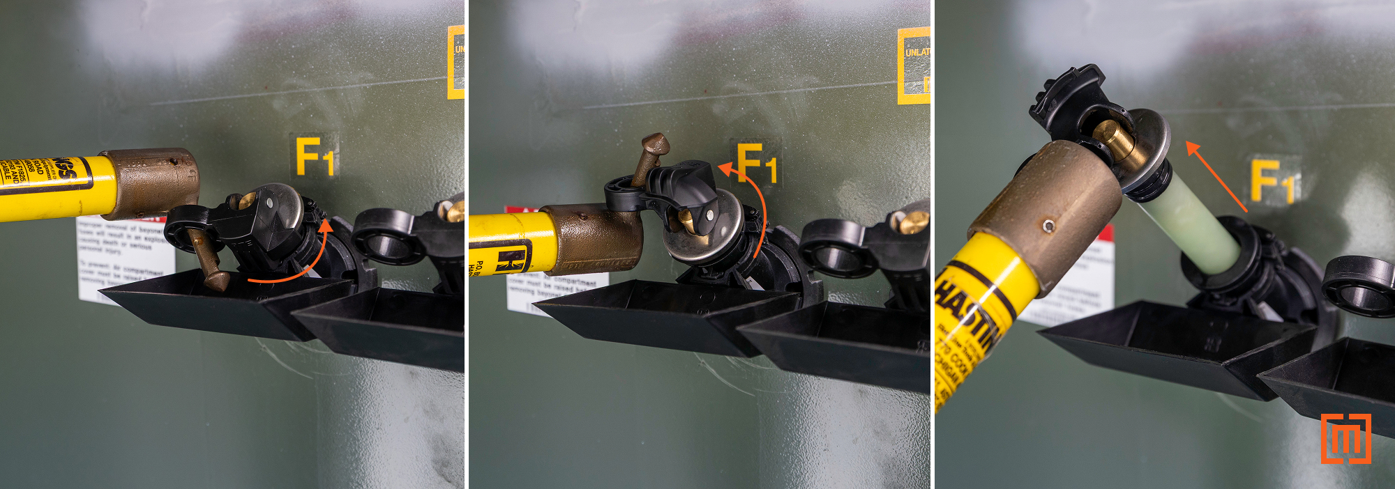 graphic with three photos showing removing a bayonet fuse from a padmount transformer using a hot stick