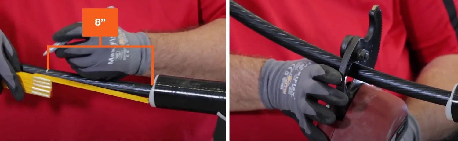 Technician marks and cuts off eight inches of cable from the tape
