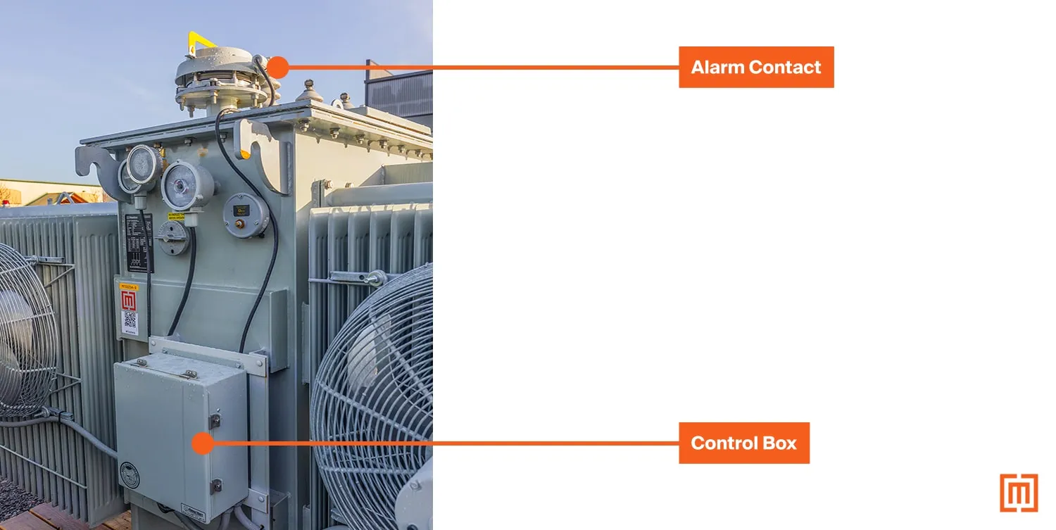 A substation with a PRD and alarm contacts connected to a control box