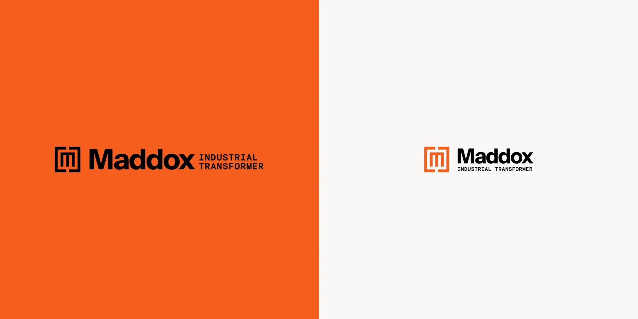 Black Maddox logo on orange background and orange and black Maddox logo on white background